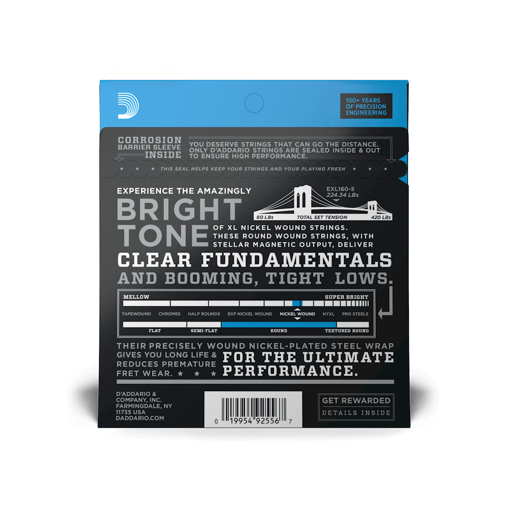 D'Addario EXL160-5 Nickel Wound 5-String Bass, Medium, 50-135, Long Scale